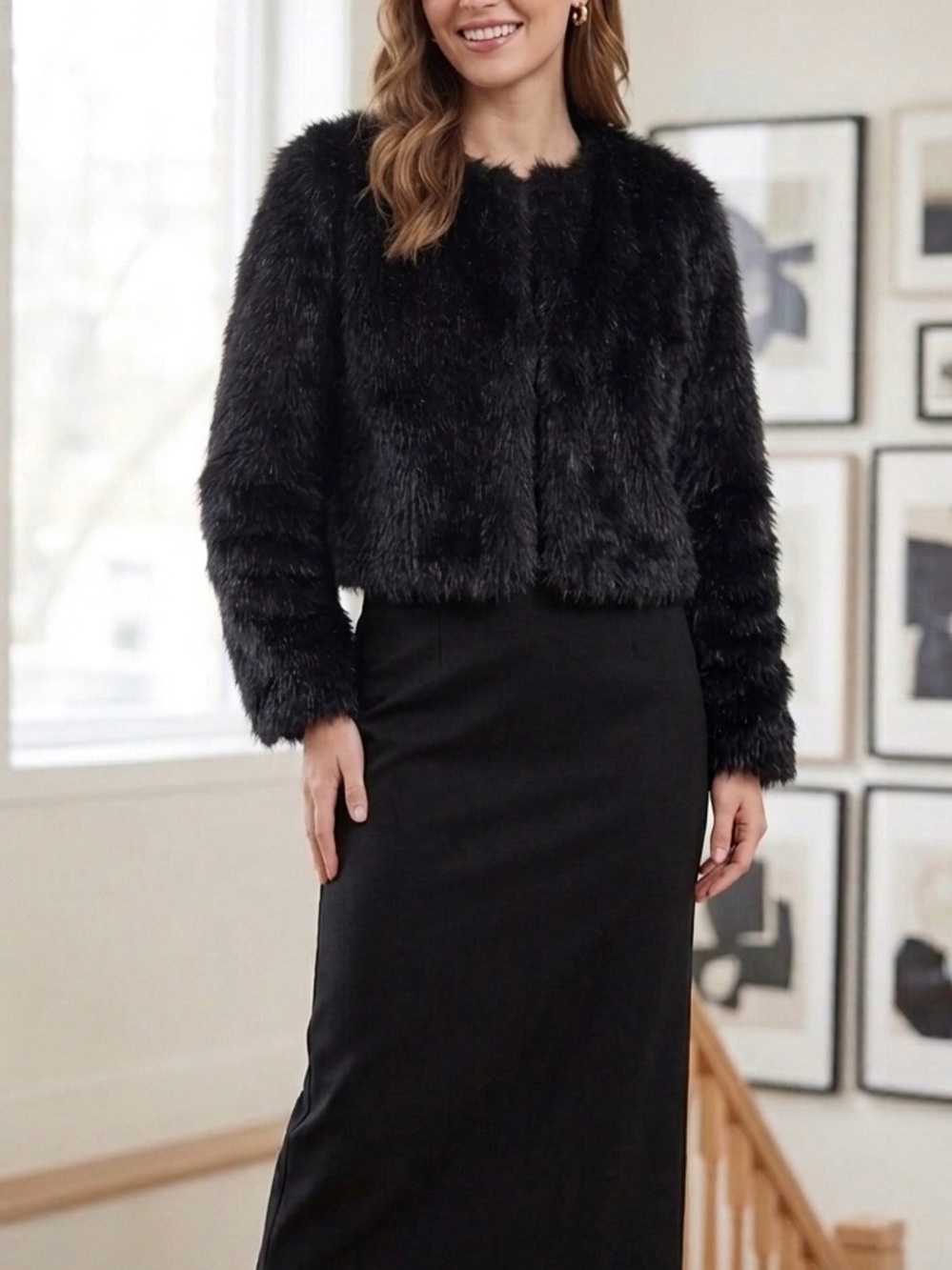 Banana Republic Black Faux Fur Cropped Jacket XS